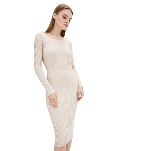 DASTI Dresses & Skirts - DASTI Bodycon Dress Knit Midi Ribbed Sexy Vestidos De Moda Nude Long Sleeves